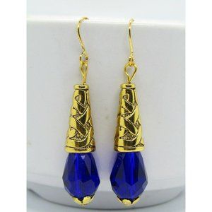 Dark Blue Teardrop Crystal Gold Earrings